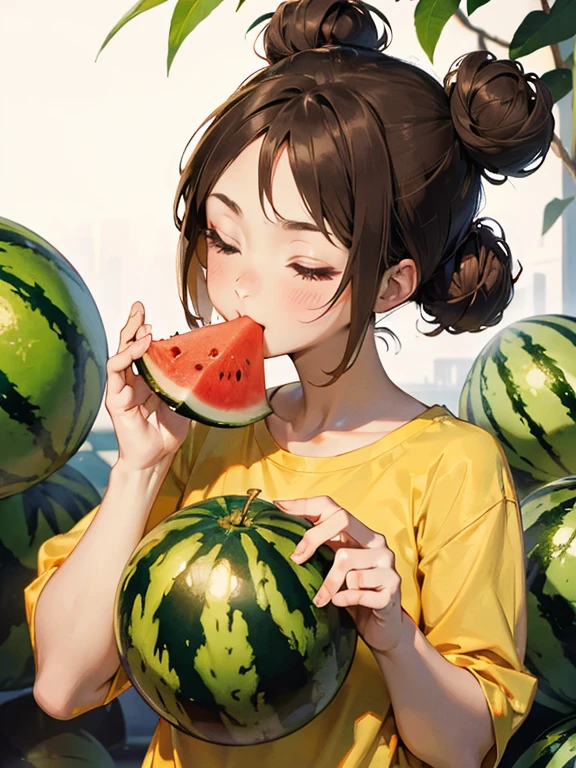 the anime girl with big eyes eating a watermelon with eyes closed, 1girl, food, solo, fruit, hair bun, double bun, looking at viewer, watermelon, holding, holding food, brown hair, yellow shirt, eating, blush