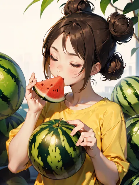 the anime girl with big eyes eating a watermelon with eyes closed, 1girl, food, solo, fruit, hair bun, double bun, looking at vi...