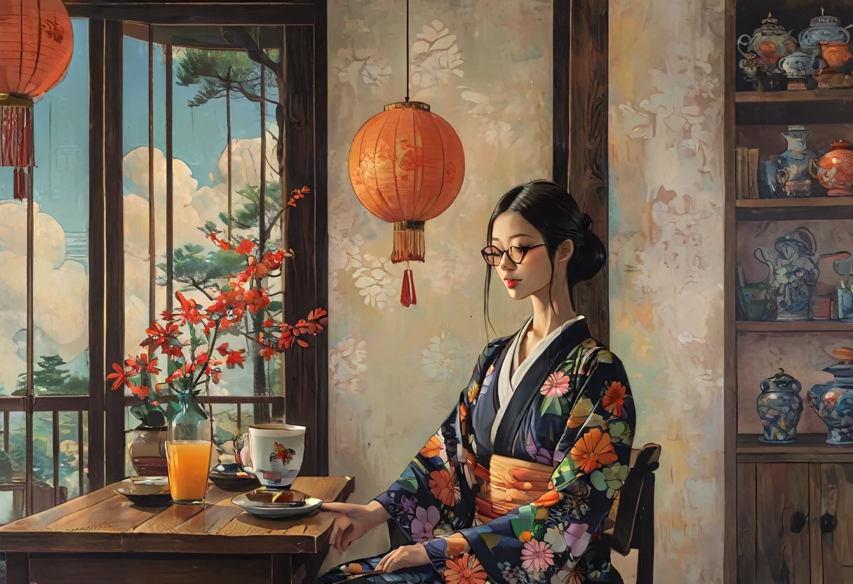 A girl relaxing in a high chair drinking coffee、Wearing black-rimmed glasses、Profile of a Girl、Smiling with closed eyes、In a stylishly designed room、A girl wearing a long skirt and blouse with a Japanese pattern、Psychedelic Art、Kimono-like Japanese style、Western style、Shangri-La、Pop Art、Surrealism、Best Quality、Masterpiece、style of Diane Dillon, 
