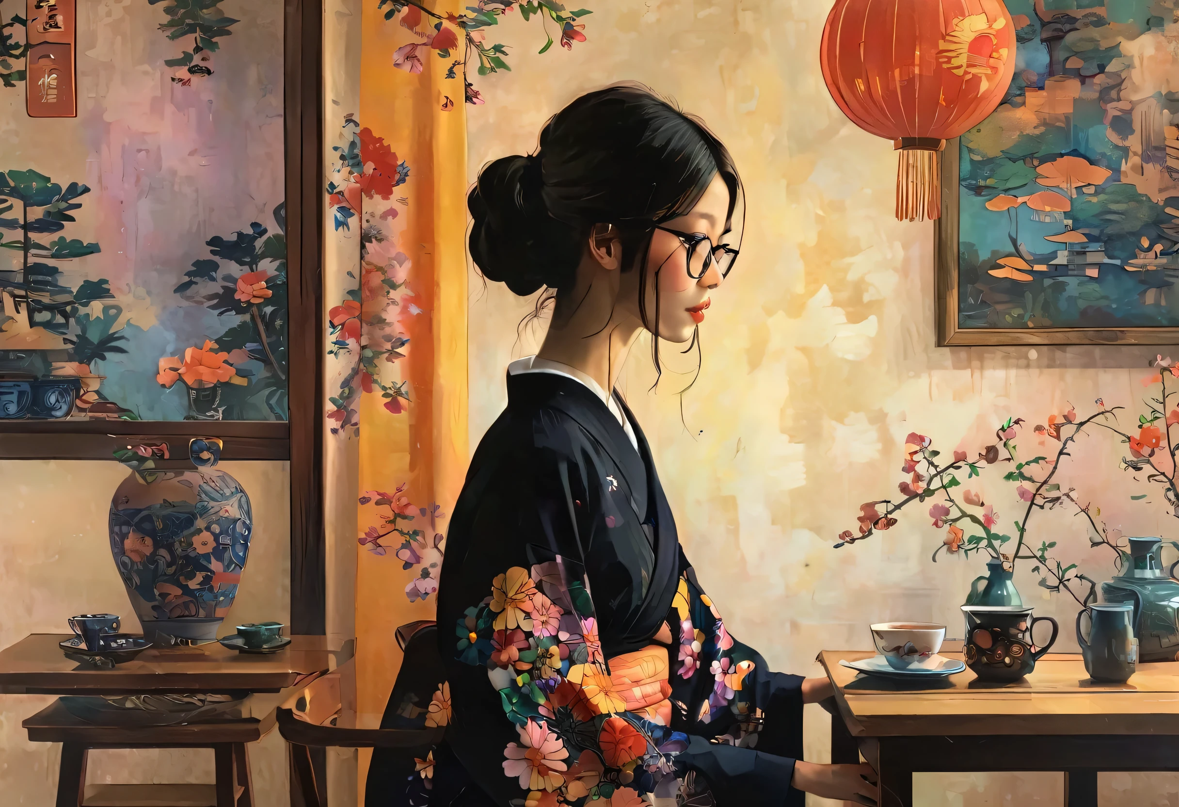 A girl relaxing in a high chair drinking coffee、Wearing black-rimmed glasses、Profile of a Girl、Smiling with closed eyes、In a stylishly designed room、A girl wearing a long skirt and blouse with a Japanese pattern、Psychedelic Art、Kimono-like Japanese style、Western style、Shangri-La、Pop Art、Surrealism、Best Quality、Masterpiece、style of Diane Dillon, 
