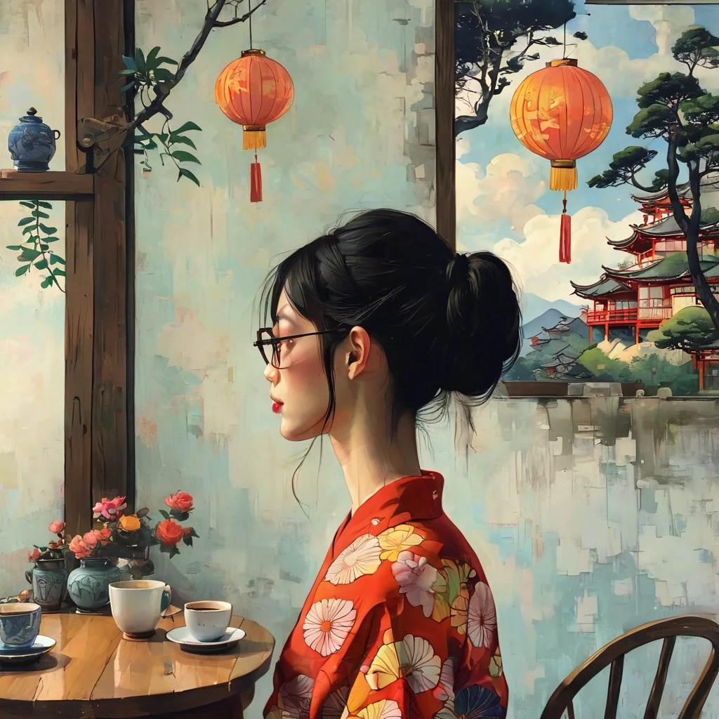 A girl relaxing in a high chair drinking coffee、Wearing black-rimmed glasses、Profile of a Girl、Smiling with closed eyes、In a stylishly designed room、A girl wearing a long skirt and blouse with a Japanese pattern、Psychedelic Art、Kimono-like Japanese style、Western style、Shangri-La、Pop Art、Surrealism、Best Quality、Masterpiece、style of Diane Dillon, 
