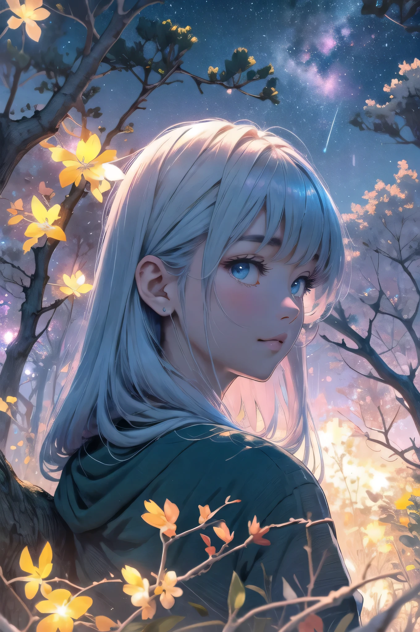 upper body view, girl sits and looks at the sky , astral projection, ancient a secret monelit, wide branches, a lot of details, Colorful, realistic, detailed, ideal, tranquility, Night time, meteor shower, strange, a secret