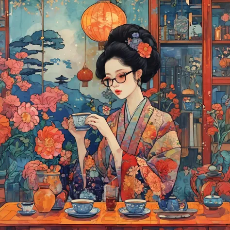 a girl relaxing in a high chair drinking coffee、wearing black-rimmed glasses、profile of a girl、anatomically correct、smiling with...