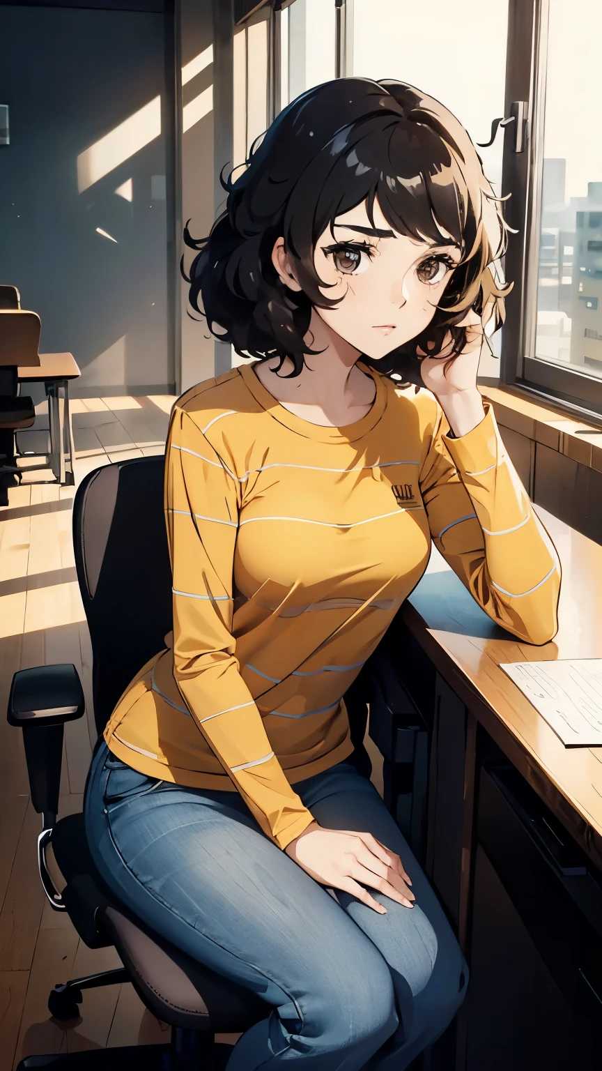 { masterpiece : best quality : high resolution : unity 8k wallpaper : illustration : beautiful detailed eyes : extremely detailed face : perfect lighting : extremely detailed CG : perfect hands : perfect anatomy } { Teacher_office } { 1girl : Sadayo_Kawakami: cute_face : short_dark_hair :  : Perfectly_shaped_breast : Perfectly_fit_body : yellow_stripe_shirt : long_sleeves : and blue_jeans } { sittting : serious }