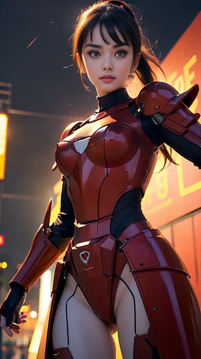 Full body, (1mecha girl:1.3, solo), (Audrey Hepburn:1.3), (a extremely pretty and beautiful woman), 30 years, (sexy girl), (muscle girl, athletic body), (professional attire:1.3), (2: 1.1), (walking on red carpet:1.3), (attractive random posing:1.3), (in the night royal party:1.3), (looking straight at you:1.3), (starring at you:1.3), (front view:1.3),  break, (ponytail:1.3), (shiny-black thin hair:1.2), bangs, dark brown eyes, beautiful eyes, princess eyes, (big eyes:1.3), bangs, wearing a glasses:1.3, Hair between eyes, short hair:1.3, (slender:1.1), big breasts, (thin waist: 1.15), (detailed beautiful girl: 1.4), Parted lips, Red lips, full-make-up face, (shiny skin), ((Perfect Female Body)), Perfect Anatomy, Perfect Proportions, (most beautiful actress face:1.3, extremely cute and beautiful actress face:1.3), (bikini samurai armor), BREAK, (View viewer, wearing a lovely bitch cordinate, (insanely detailed shiny-red cyborg body armor :1.3), (armor:1.3), (pin-heels:1.3), detailed clothes, BREAK, (detailed royal night party background:1.2), (dark background), (Studio soft lighting: 1.3), (fake lights: 1.3), (backlight: 1.3), BREAK, (Realistic, Photorealistic: 1.37), (Masterpiece, Best Quality: 1.2), (Ultra High Resolution: 1.2), (RAW Photo: 1.2), (Sharp Focus: 1.3), (Face Focus: 1.2), (Ultra Detailed CG Unified 8k Wallpaper: 1.2), (Beautiful Skin: 1.2), (pale Skin: 1.3), (Hyper Sharp Focus: 1.5), (Ultra Sharp Focus: 1.5), (Beautiful pretty face: 1.3), (super detailed background, detail background: 1.3), Ultra Realistic Photo, Hyper Sharp Image, Hyper Detail Image,