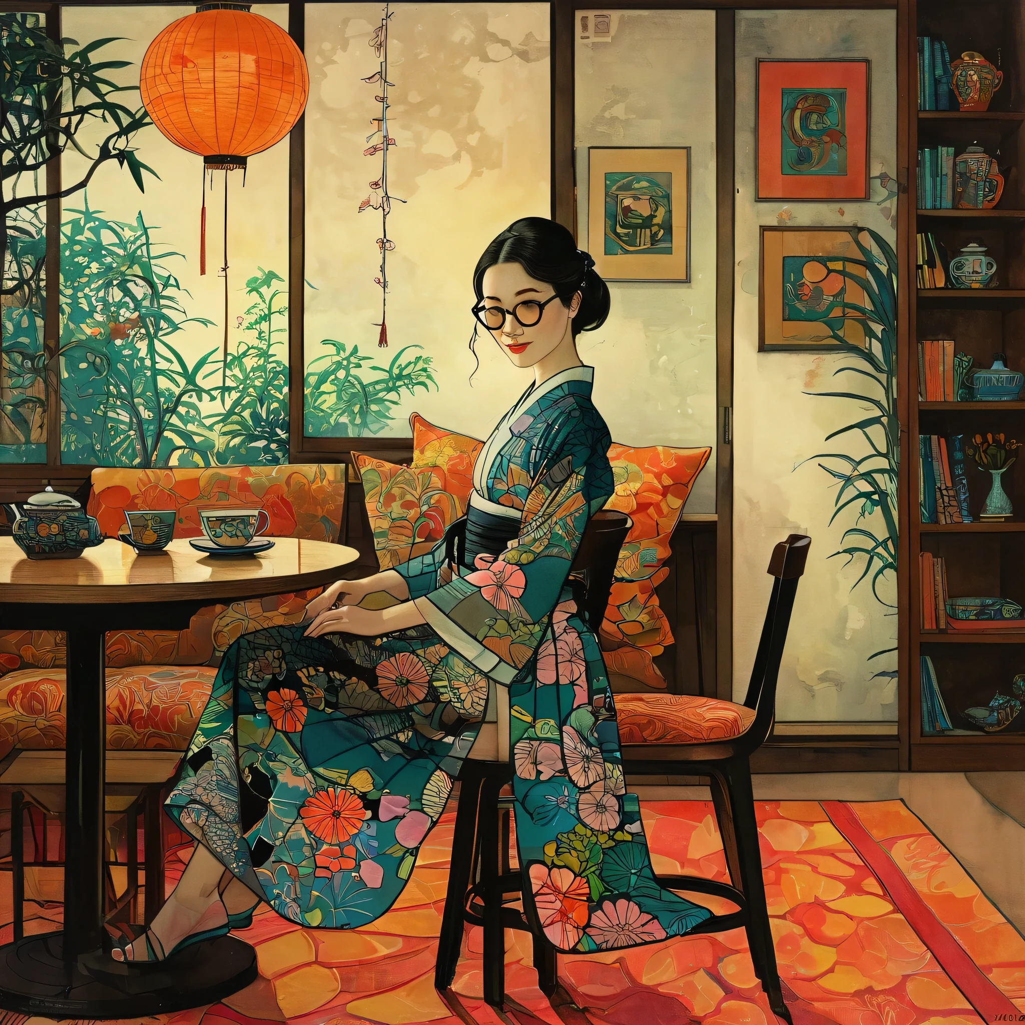 A girl relaxing in a high chair drinking coffee、Wearing black-rimmed glasses、Profile of a Girl、Anatomically correct、Smiling with closed eyes、In a stylishly designed room、A girl wearing a long skirt and blouse with a Japanese pattern、Psychedelic Art、Kimono-like Japanese style、Western style、Shangri-La、Pop Art、Surrealism、Best Quality、Masterpiece、style of Diane Dillon, 
