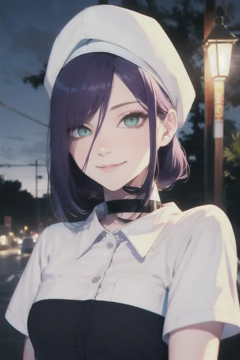 (best quality)、(best quality)、cut、chainsaw man、cute、(choker).emerald colored eyes、her hair is purple、short bob、beautiful night v...