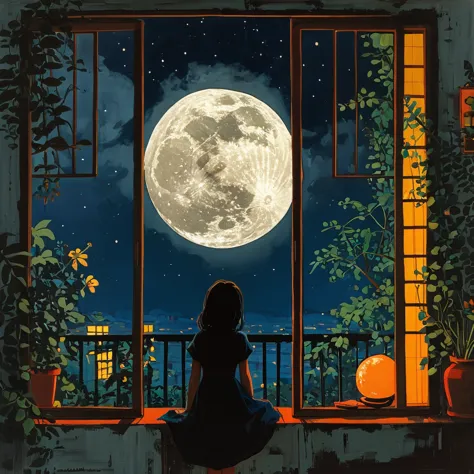 today is the mid-autumn full moon day、the girl is looking at the full moon floating in the night sky from inside her room.、outsi...