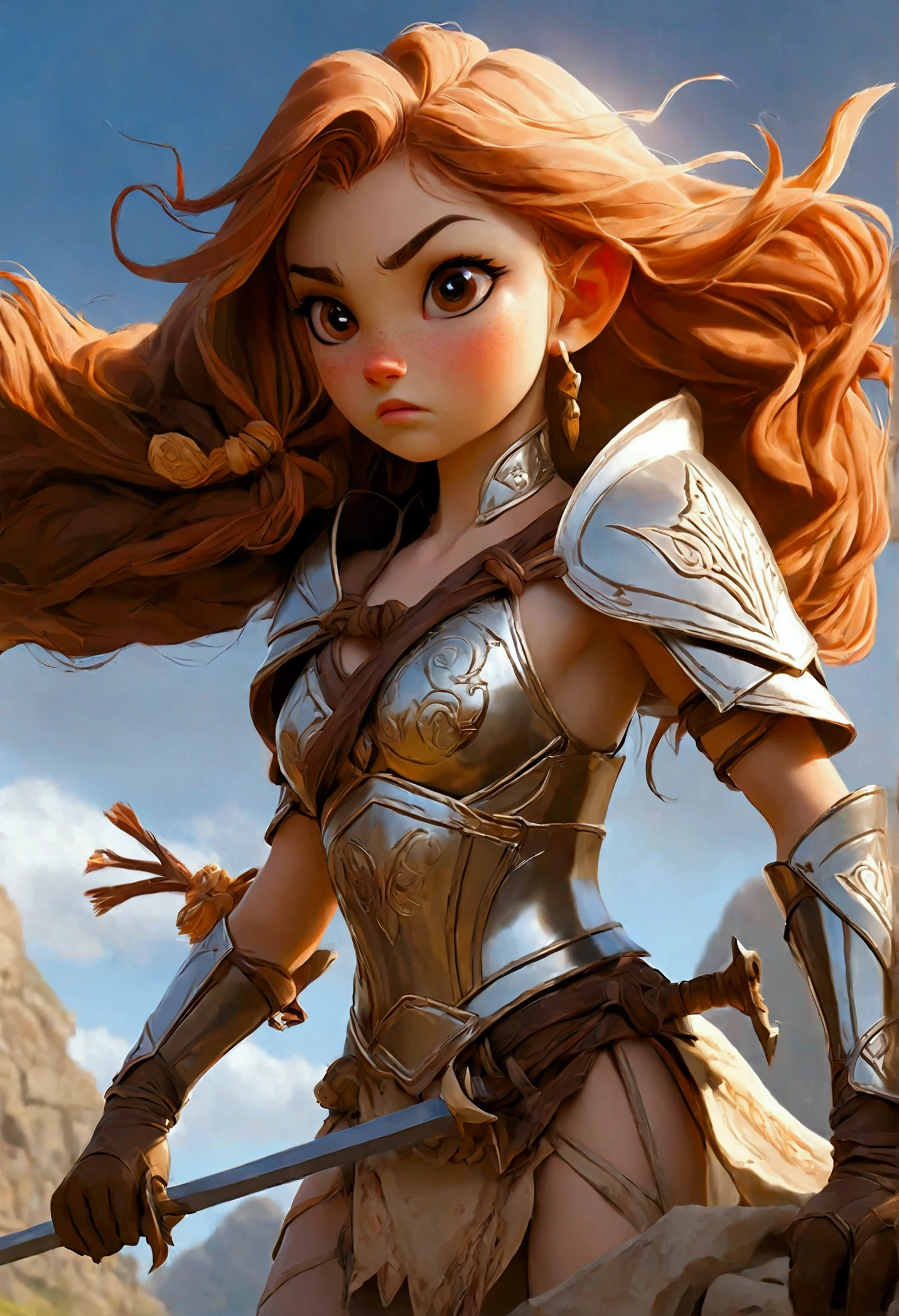 "NSFW A full-screen, low-angle view of a beautiful young warrior standing with her horse confidently on the edge of a rugged cliff. She is adorned in a striking, transparent glass armor (see her lace underwear and lace stockings) that shimmers in the sunlight, revealing intricate designs and patterns. The armor, while protective, has an ethereal, almost magical quality to it. In her hands, she firmly grips a giant halberd, its blade gleaming with a sharp, polished edge. Her expression is one of pride and determination as she gazes into the distance, her long hair flowing in the wind. The background features a vast, breathtaking landscape of rolling hills and a clear blue sky, with the sun casting a golden glow over the scene, highlighting the warrior's heroic stance and the majestic beauty of her surroundings."