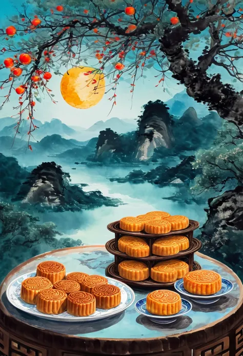 autumn，wilderness，under the big tree，there is a full moon in the sky，there are several plates of moon cakes on the table，chinese...