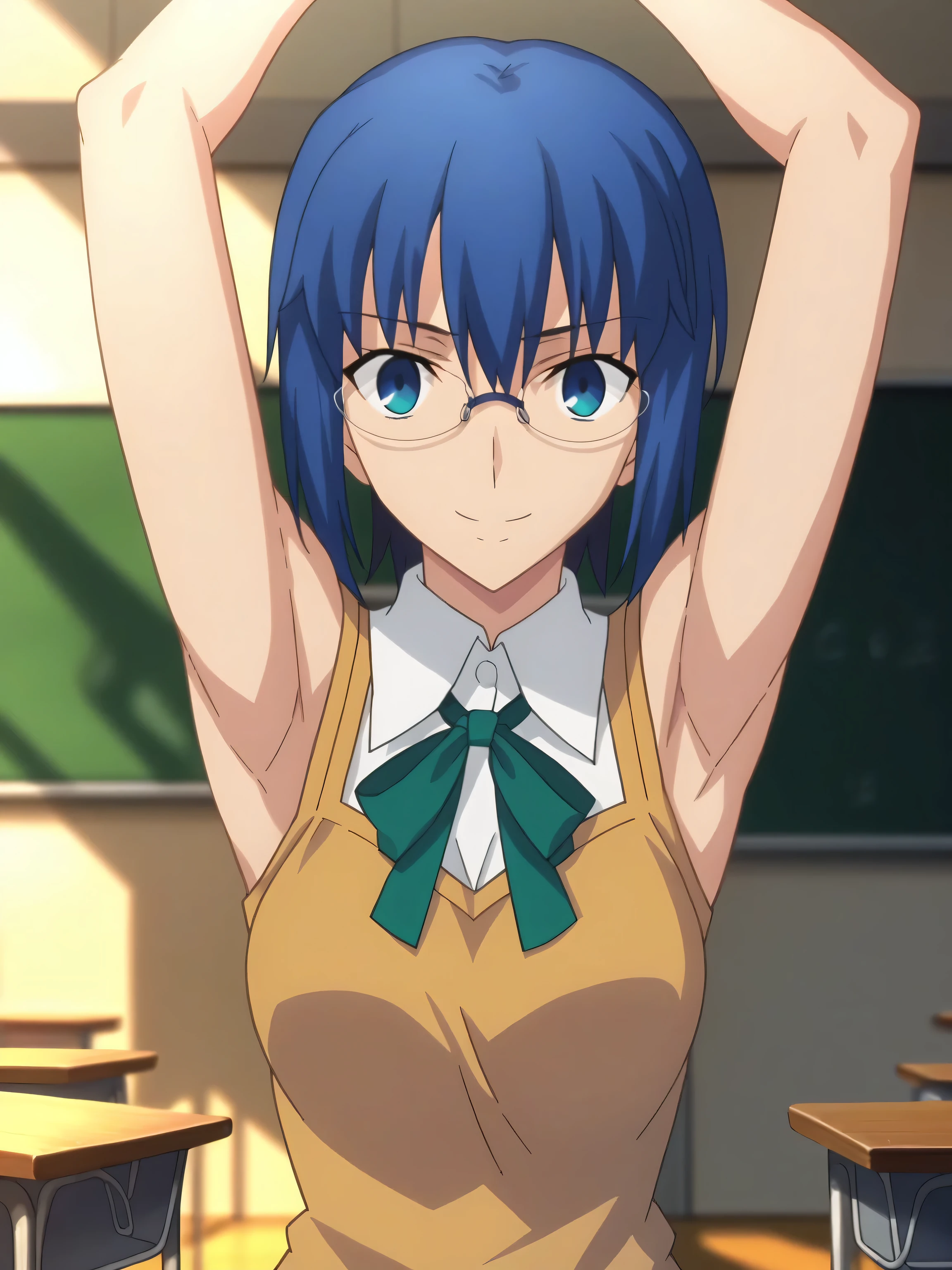 score_9, score_8_up, score_7_up, source_anime, anime screencap, indoors, school, classroom, ciel, dark blue hair, glasses, school uniform, green bowtie, yellow sweater, sleeveless sweater, shirt, collared shirt, white shirt, sleeveless shirt, sleeveless, looking at viewer, eye contact with viewer, smile, closed mouth, arms up, raised arms, fate_go_style