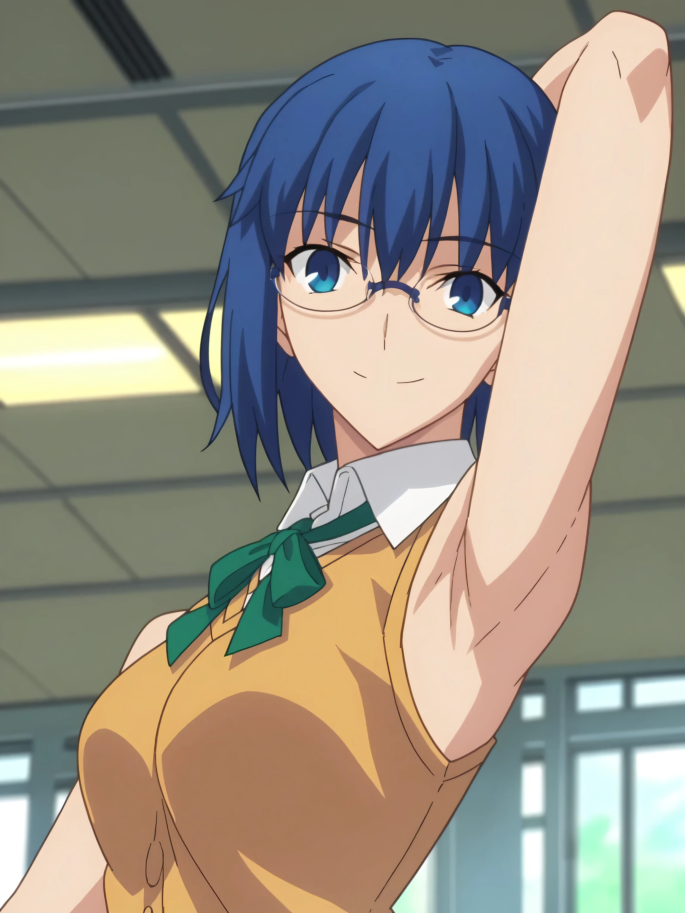 score_9, score_8_up, score_7_up, source_anime, anime screencap, indoors, school, classroom, ciel, dark blue hair, glasses, school uniform, green bowtie, yellow sweater, sleeveless sweater, shirt, collared shirt, white shirt, sleeveless shirt, sleeveless, looking at viewer, eye contact with viewer, smile, closed mouth, arms up, raised arms, fate_go_style