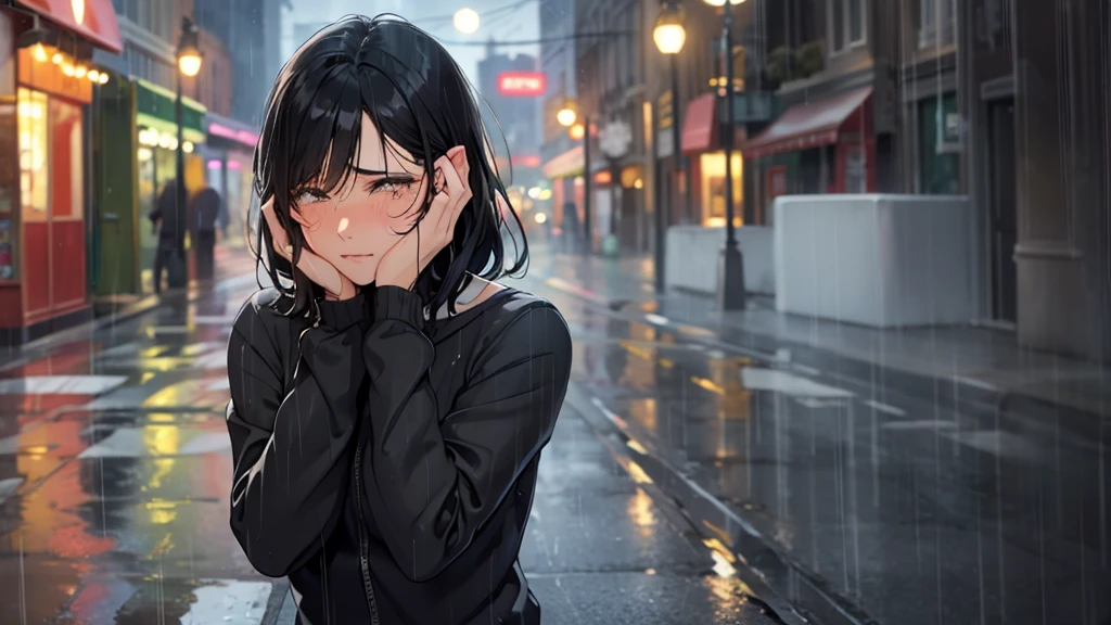 Woman shedding tears on Main Street in the late night rain, black hair