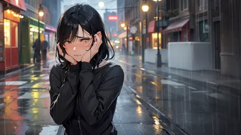 woman shedding tears on main street in the late night rain, black hair