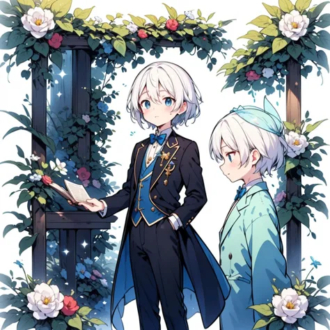 4k,disney fairy tale prince,6- cute appearance,handsome man,イケメン、white hair, blue eyes,with a wreath,wearing a pale white blazer...