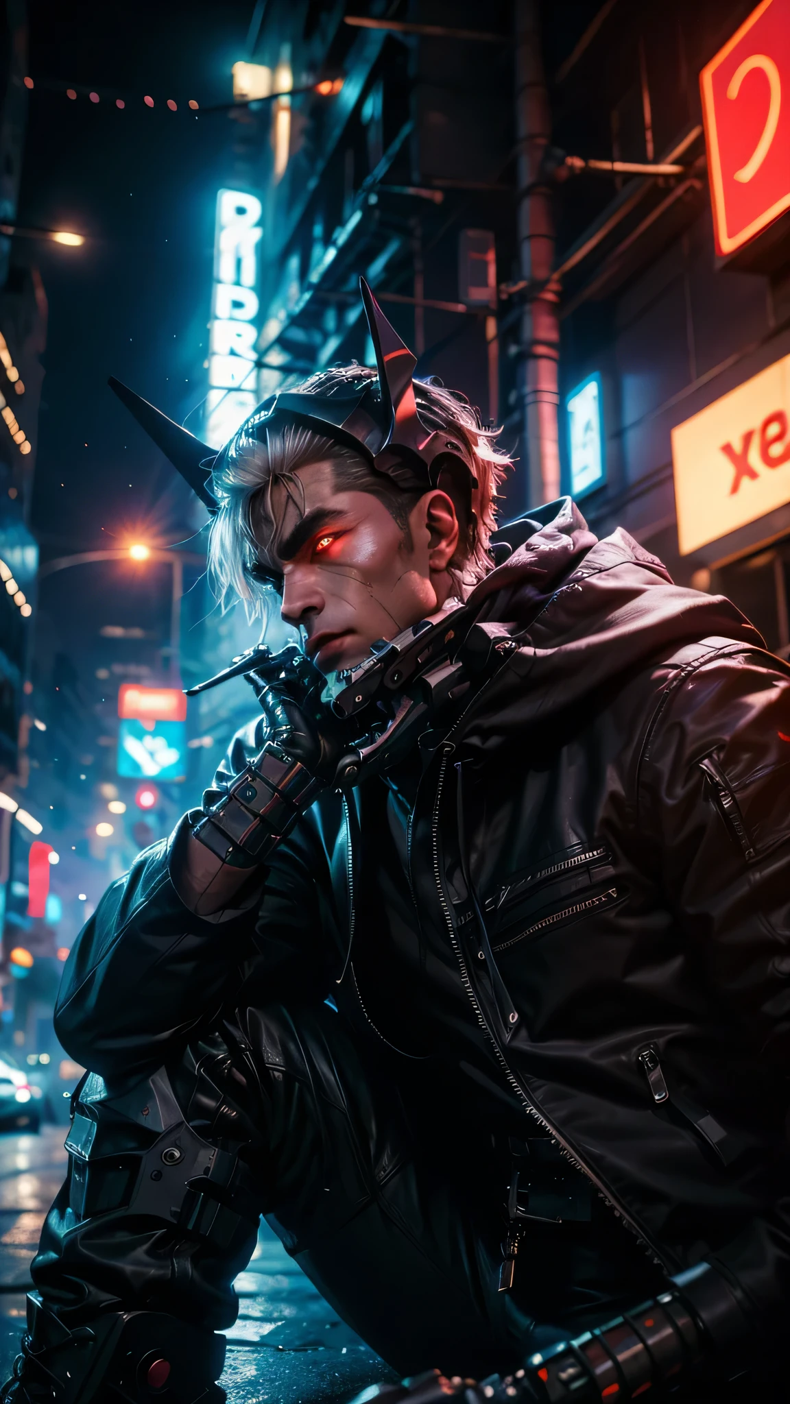 "dark theme :: closeup face focus, ultra realistic futuristic cyberpunk muscular male white hair sitting :: cyberpunk face (cyber eyes) :: cool cybernetic punk jacket red neon eyes :: shirtless:: mechanical intricate mask :: natural lighting :: bokeh :: 8k :: best quality :: masterpiece :: futuristic cityscape background"