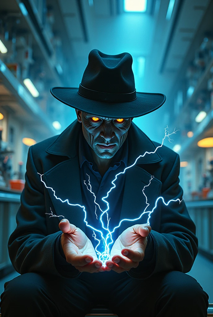 Strage scientis holding electric waves in his hand and sitting in a futurestic science lab and his face is dark and has a hat