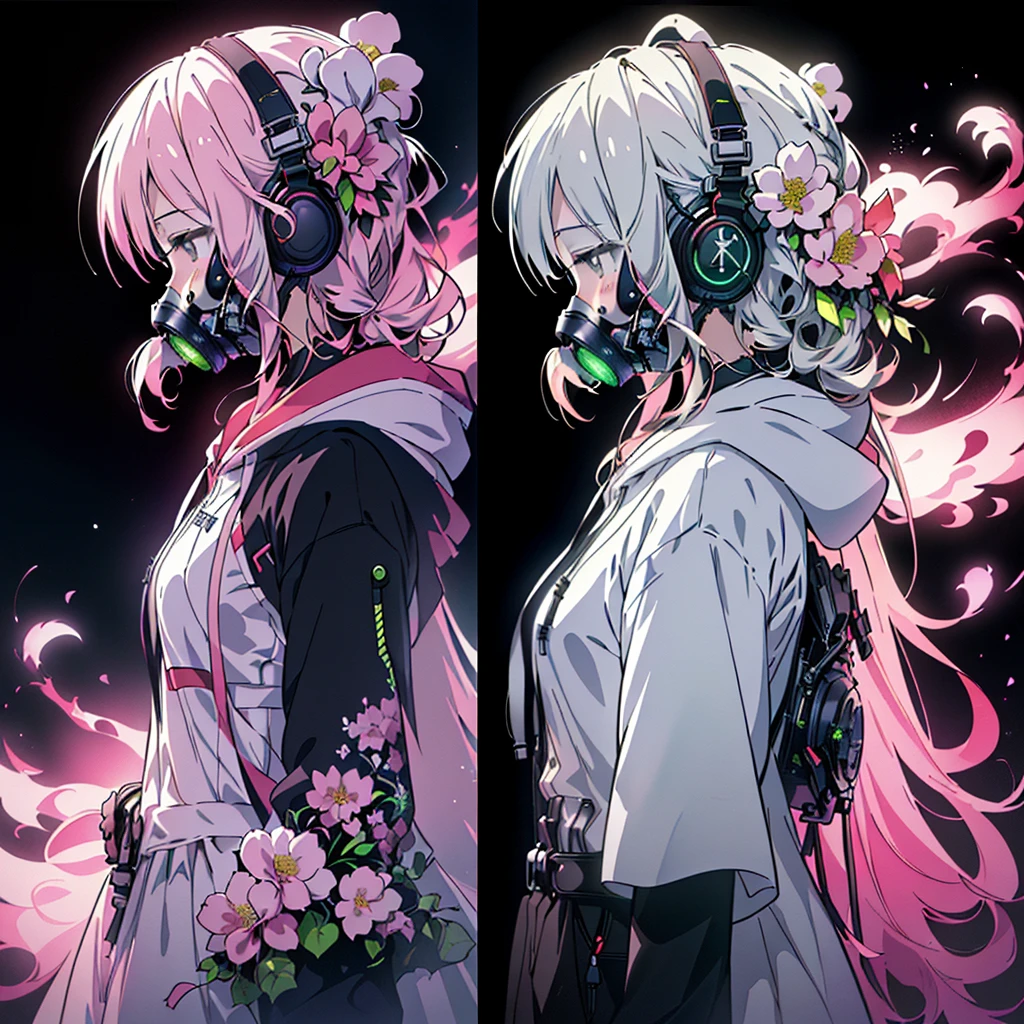 One girl,(((Highest quality、masterpiece、Official Art、Very detailed、Anime Style、Best dynamic composition、profile、Perfect Anatomy)))、 Headphones, hoodie, Vibrant colors, neon, White Background、gas mask、Flower Hair Ornaments、
