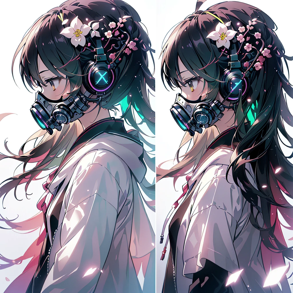 One girl,(((Highest quality、masterpiece、Official Art、Very detailed、Anime Style、Best dynamic composition、profile、Perfect Anatomy)))、 Headphones, hoodie, Vibrant colors, neon, White Background、gas mask、Flower Hair Ornaments、
