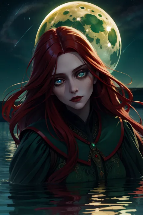 renala, long red hair, green eyes,upper body,sad expression,
empty lake, moon close up,night,the stars are insanely detailed, be...