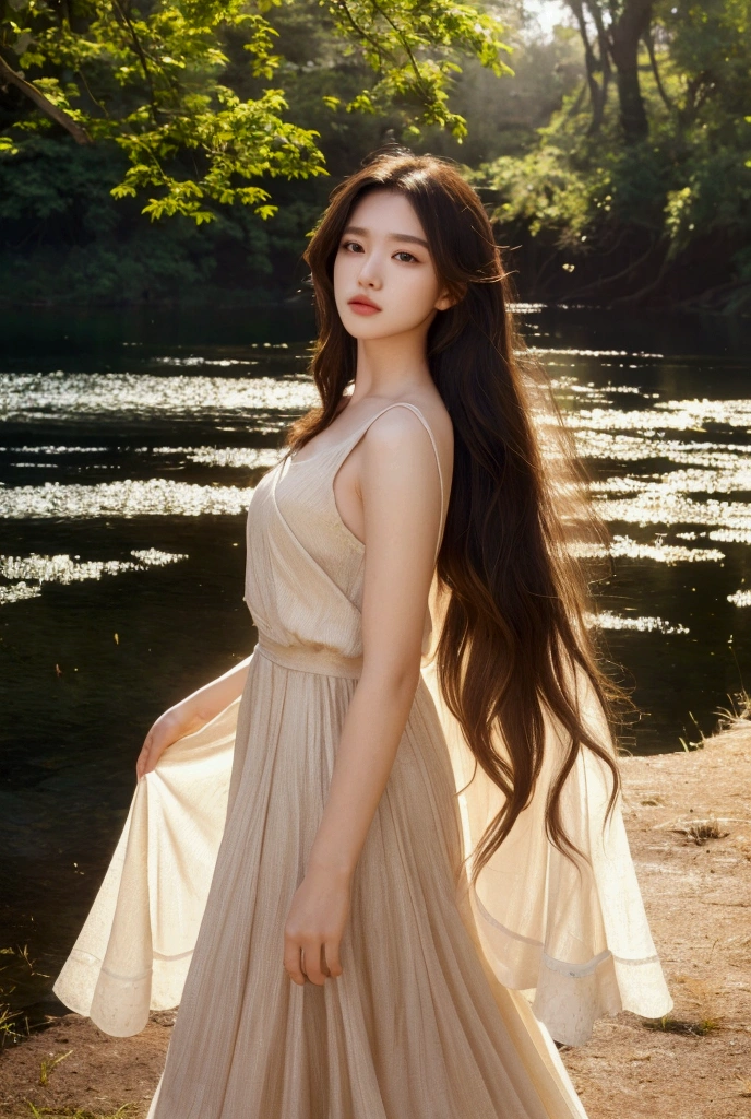 a woman standing in ultrawide landscape, highly detailed face, long hair, transgender, soft lighting, 8k, high resolution, photorealistic, dramatic atmosphere, cinematic composition, natural environment, serene and peaceful mood, warm color palette, beautiful scenery, lush foliage, calm lake, soft focus, volumetric lighting, photographic quality, elegant and graceful pose, without underpats ,dixk