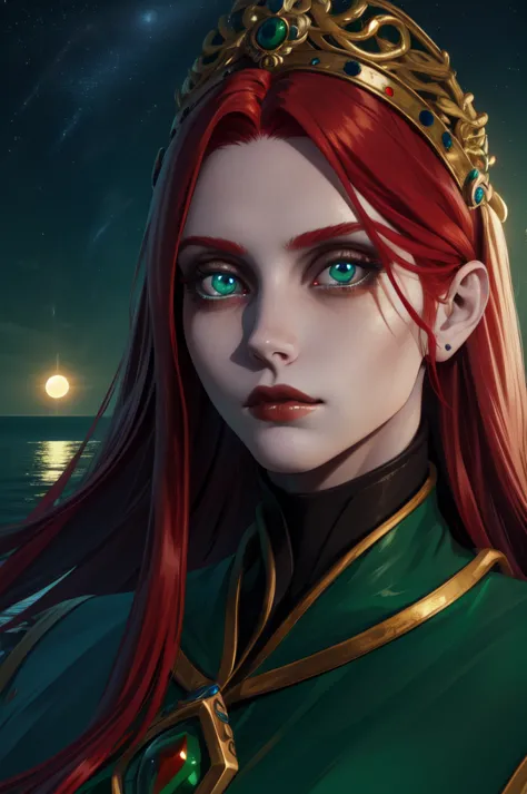 renala, long red hair, green eyes,upper body,sad expression,
empty lake, moon close up,night,the stars are insanely detailed, be...