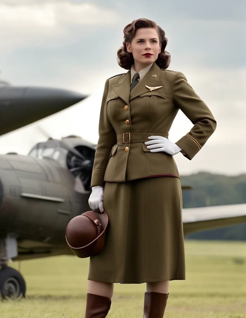 Peggy Carter. Heavily pregnant. Large breasts. Dressed in her WWII uniform, 4k, highly detailed