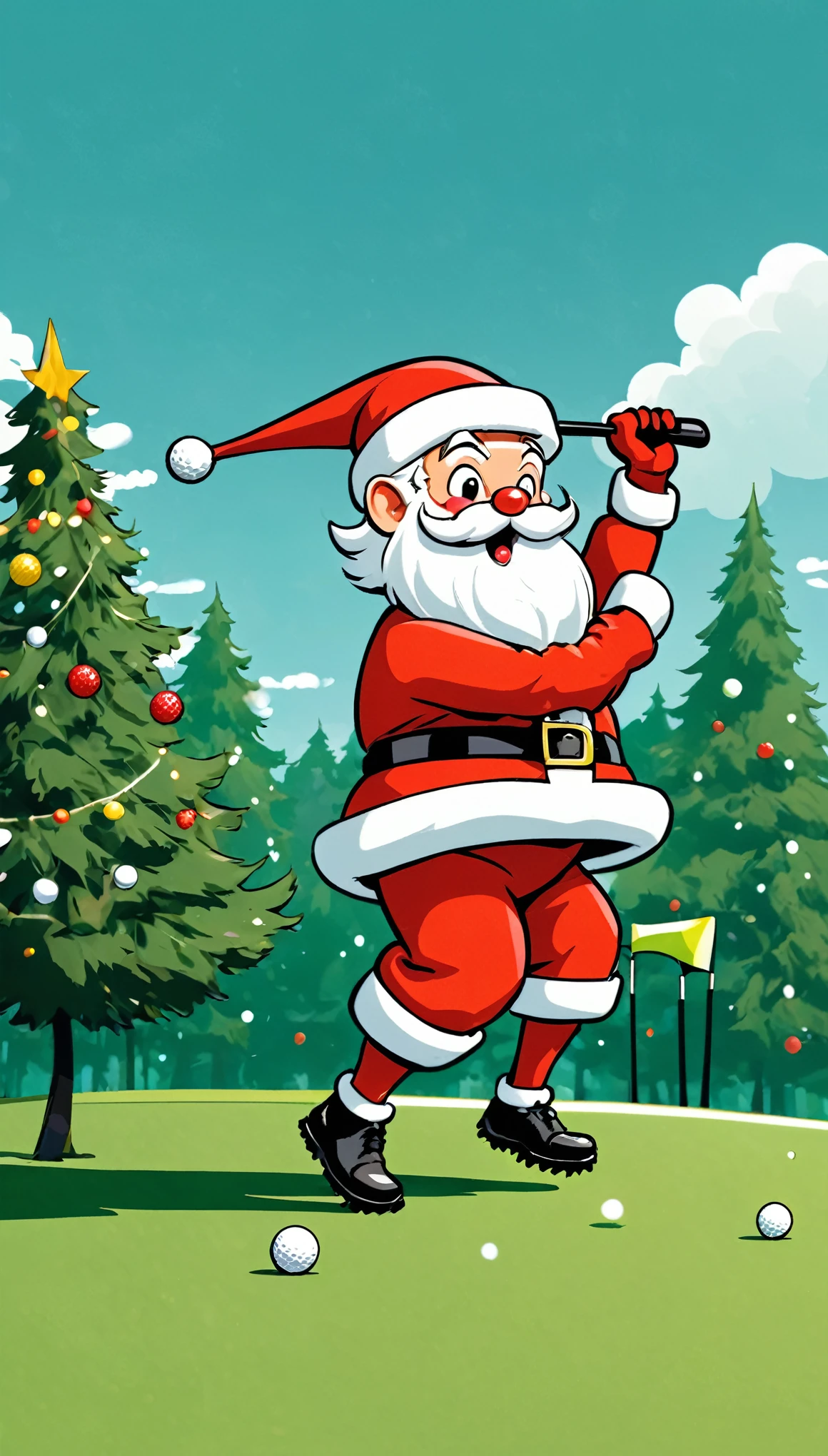 Santa Claus is playing golf, swinging funny, cartoon style, anime style,