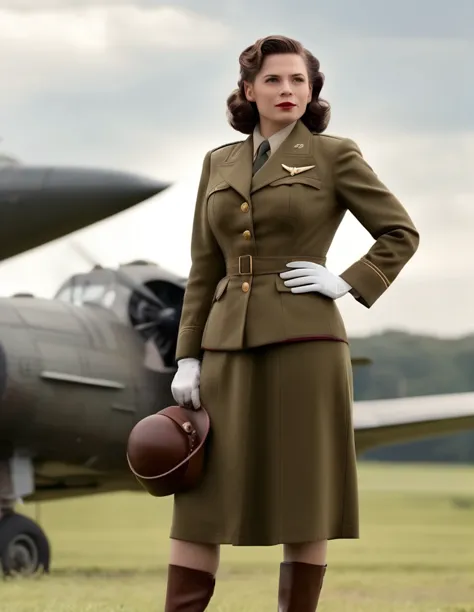 peggy carter. heavily pregnant. large breasts. formal attire, buttoned up blouse, skirt, 4k, highly detailed