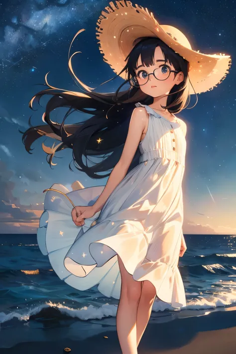 Best Quality，masterpiece，High sensitivity，High resolution，Detailed Description，Very slim ，Very short stature，Flat Chest，Very thin thighs，baby face glasses，Straw hat，Sleeveless dress，Balloons in hand，A strong wind is blowing，Early Autumn，(sea:1.3)，(Starry Sky:1.3)，Big Moon，