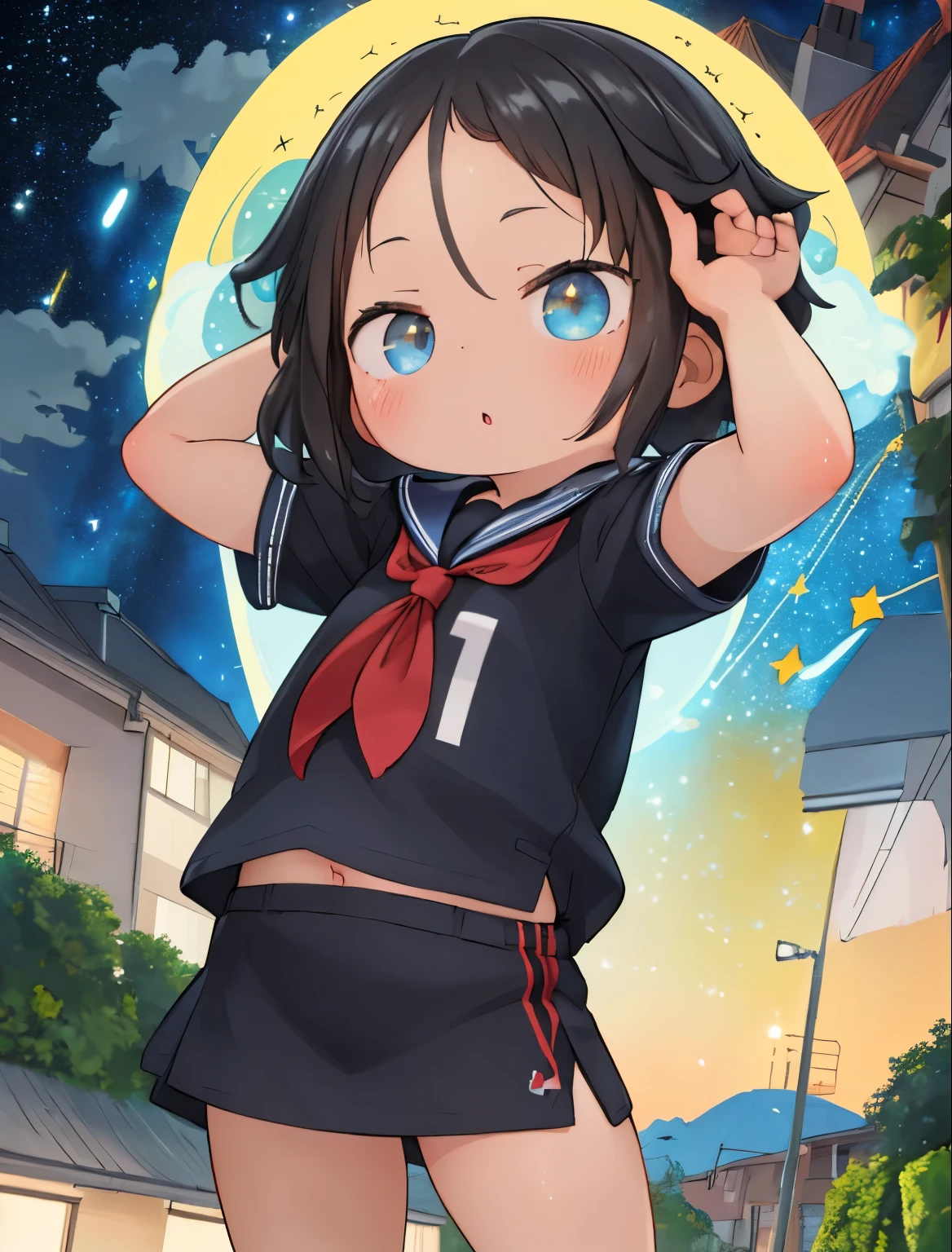 (masterpiece, Best Quality, Best Quality)，16k，Very young very ，Very cute，Alone,baby faceブロンド，Black Hair，Hair color changed，Very short stature，Very small ass，Very thin thighs，Cunning gestures，(Short sleeve sailor uniform:1.3)，mini skirt，exterior，Night Park，(Starry Sky:1.3)，Big Moon，
