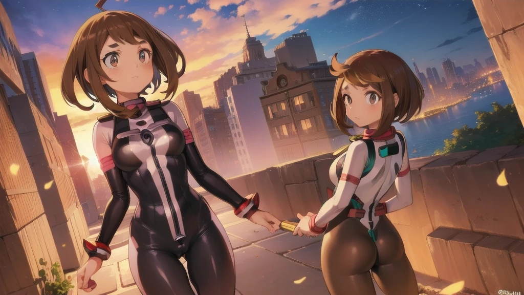 Ochako Urraca, Ochaco Uraraka, (Ochaco Reiha:1.5), (Brown eyes:1.5), Brown Hair, Short Hair, Red cheeks, Red cheeks stickers,
break (Bodysuits:1.5), Perfect for your skin, Superhero,
break outdoors, city,
break looking at viewer, Cowboy Shot,
break (masterpiece:1.2), Best Quality, High resolution, unity 8k wallpaper, (shape:0.8), (Beautiful and beautiful eyes:1.6), Highly detailed face, Perfect lighting, Highly detailed CG, (Perfect hands, Perfect Anatomy),