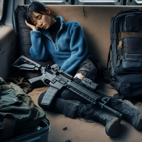 ８K、Photorealistic expression、Realistic skin texture、A Japanese woman living in America finds herself in the Arizona wilderness、Sleeping in a van with an automatic rifle、Luggage on the platform、Escape、SIG SAUER XM7 assault rifle、Patagonia fitted fleece jacket、Black high neck shirt、Dramatic and delicate composition like a movie、A scene from a movie