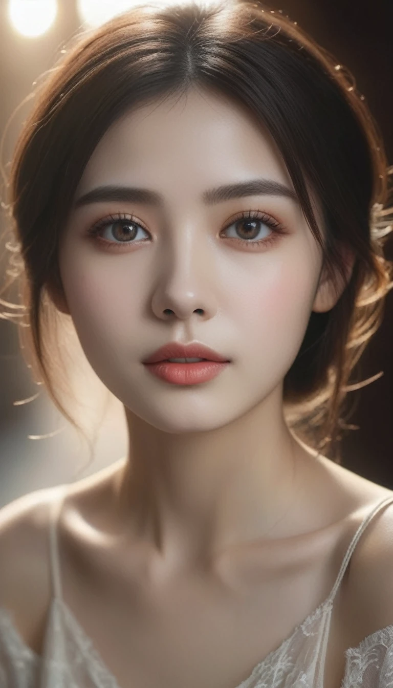 a beautiful woman, beautiful detailed eyes, beautiful detailed lips, extremely detailed eyes and face, longeyelashes, sensual expression, elegant pose, romantic atmosphere, delicate skin, beautiful colors, soft lighting, dreamlike, intricate details, (best quality,4k,8k,highres,masterpiece:1.2),ultra-detailed,(realistic,photorealistic,photo-realistic:1.37),intricate art, cinematic lighting, warm color palette, delicate brushstrokes, soft focus, chiaroscuro