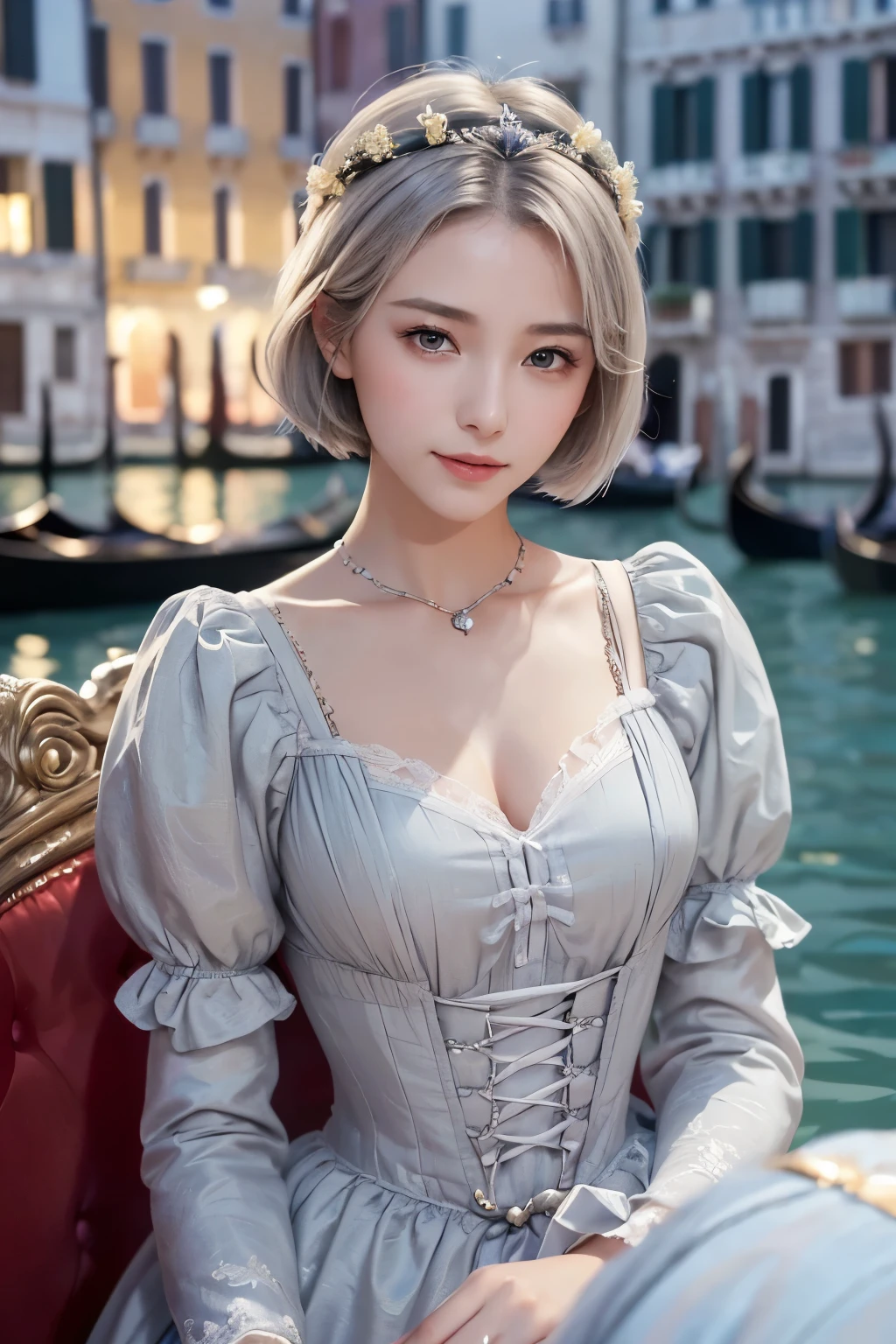 masterpiece、Best Quality、Young beautiful woman、（Ultra-high definition beautiful eyes and faces）、A lonely smile、Silver grey short bob hair、Focus on the face、((Beautiful face closeup))、Small Bust、Beautifully delicate and detailed、(Dressed in late 19th century Italian costume:1.3)、(Riding a gondola in Venice)、(Beautiful night view)、(The world of Monet&#39;s paintings:1.5)、(Impressionist painting style light and color)、Soft Light、Fantastic beauty、Dramatic atmosphere、Atmospheric Perspective、Tyndall effect、Sharp Focus、Soft Focus、