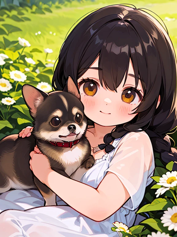 (Best Quality,32K,High resolution,masterpiece:1.2), Very detailed, (Deformed, Realistic, Realistic:1.3)，One Girl，Cute young very ，非常にlow length，Laugh happily, Brown eyes，low length，Fluffy black hair braids，White short dress，Cuddling a Chihuahua，Chihuahuas are much bigger than girls，This dog is a chihuahua，The midsummer background is the garden of a country house，My clothes are transparent with cold sweat，