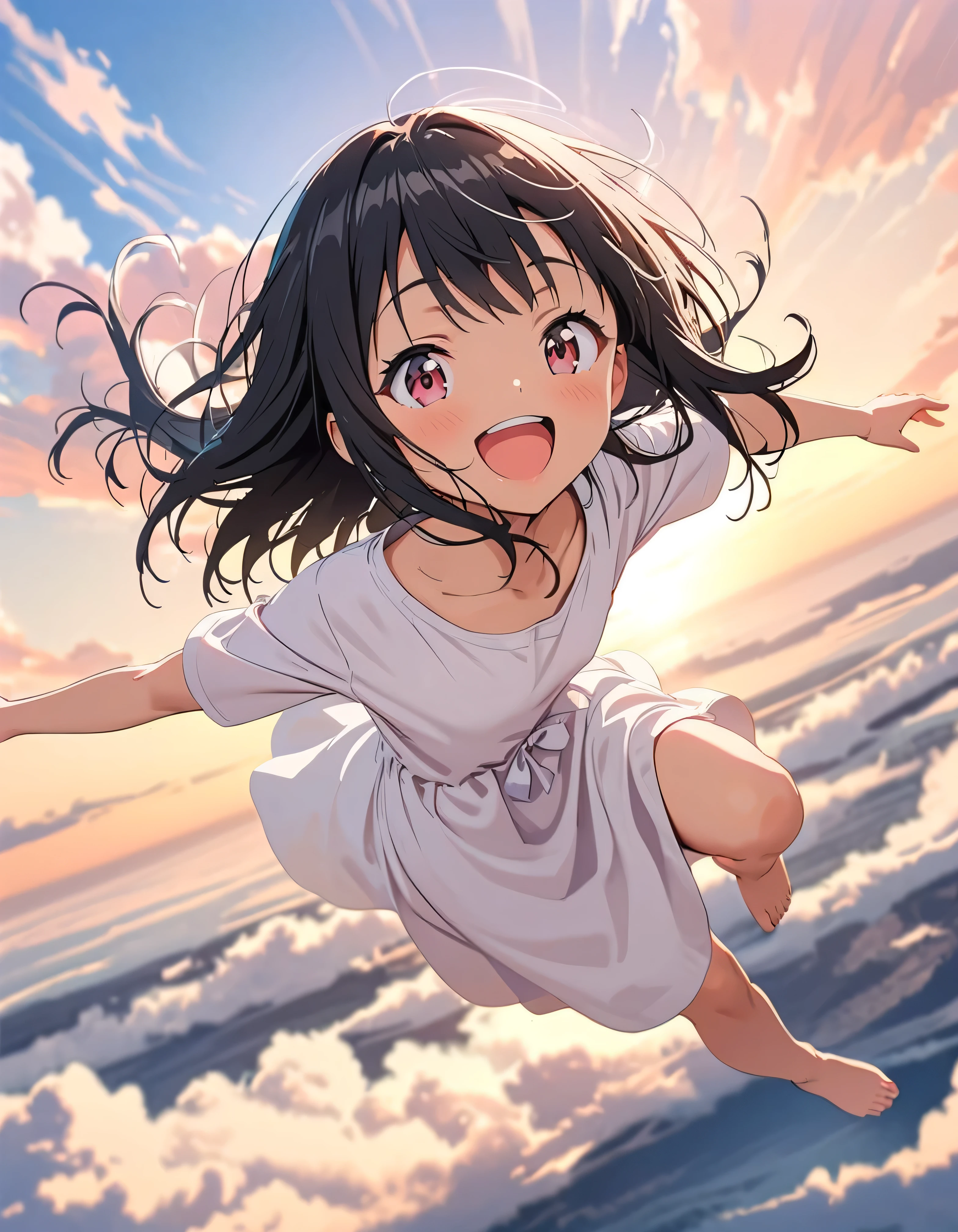 Highest quality, Very detailed, up to date, Vibrant, masterpiece, Highest quality, Best aesthetics, Floating in the sky, on the clouds, Pastel clouds, fly in the sky, Blurred Background, Above, One woman, Black Hair, face up shot, smile, big smile, Get excited, flat chested, short stature, very young, barefoot, Dynamic Angle, dynamic, Floating, Dynamic pose, ((White Dress)), The wind is blowing, Vivid light, Colorful Scenes, momentum, lens flare, anime style