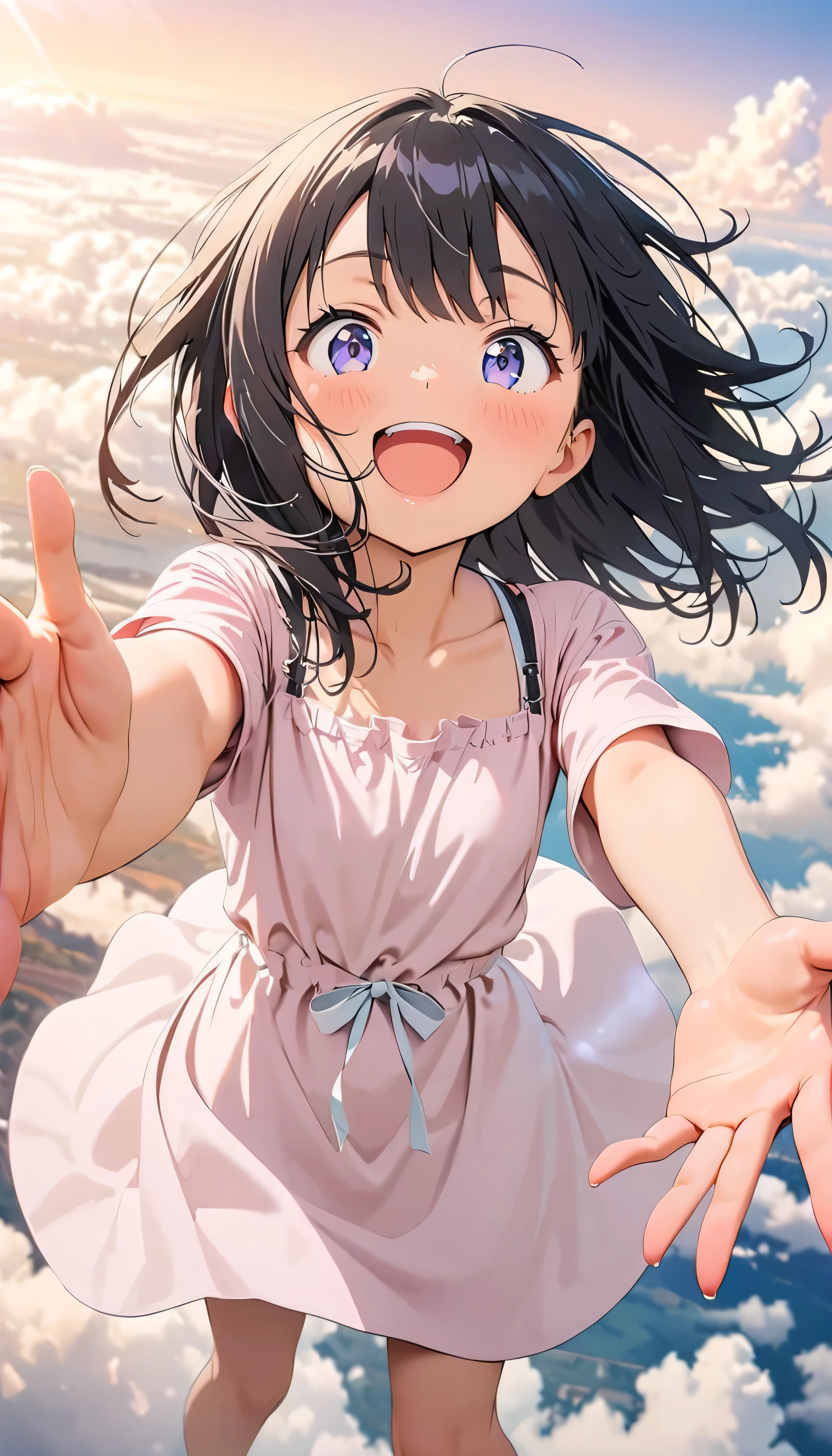 Highest quality, Very detailed, up to date, Vibrant, masterpiece, Highest quality, Best aesthetics, Floating in the sky, on the clouds, Pastel clouds, fly in the sky, Blurred Background, Above, One woman, Black Hair, face up shot, smile, big smile, Get excited, flat chested, short stature, very young, barefoot, Dynamic Angle, dynamic, Floating, Dynamic pose, ((White Dress)), The wind is blowing, Vivid light, Colorful Scenes, momentum, lens flare, anime style