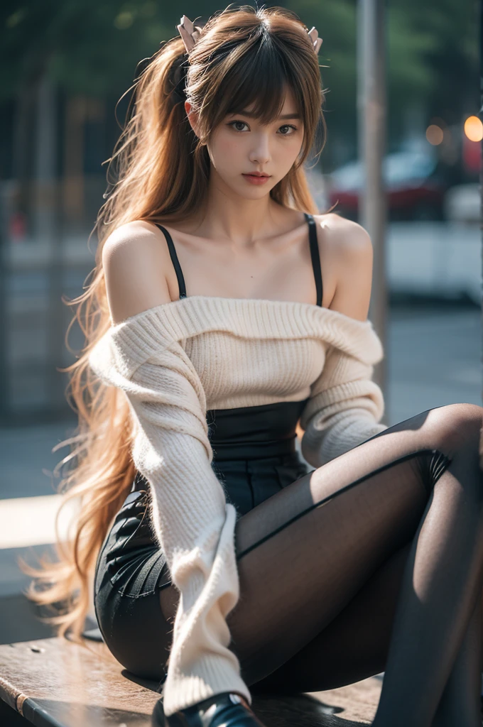 Slender Girl，Sexy and charming，Cool clothing，, masterpiece, Practical, Plug set, Tights, Hair accessories, Simple background, ，Off-shoulder，shorts