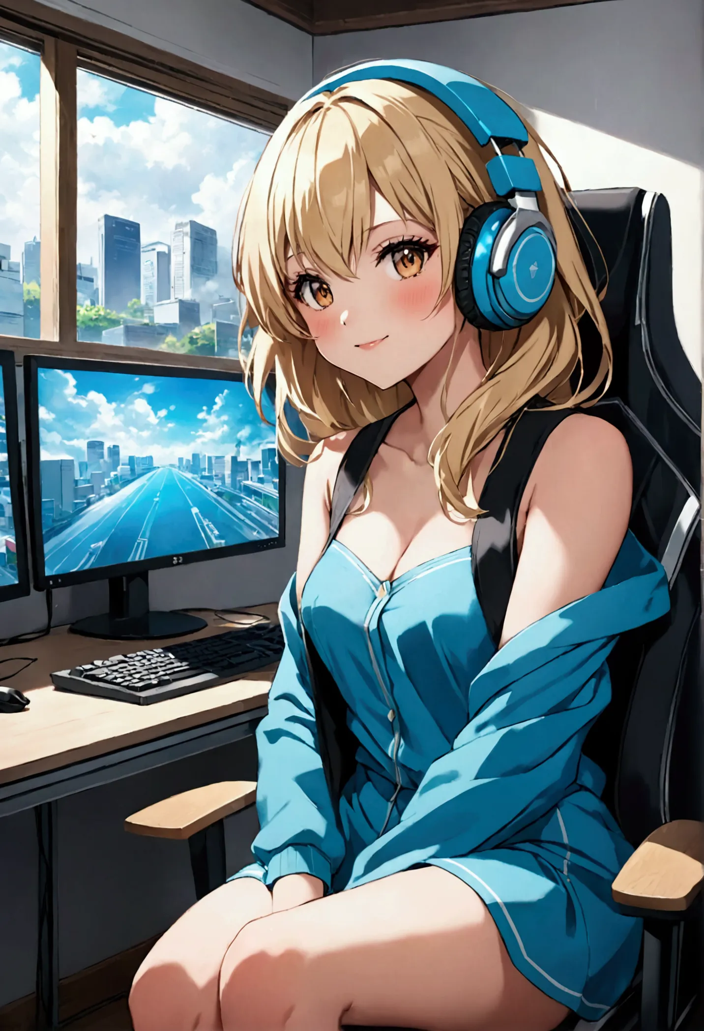 a blonde anime girl is sitting on a gaming chair and she has a good monitor and computer case and she is in tokyo and we can see...