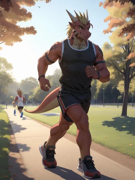 anthro red dragon delga jogging in the park with wearing sport outfit