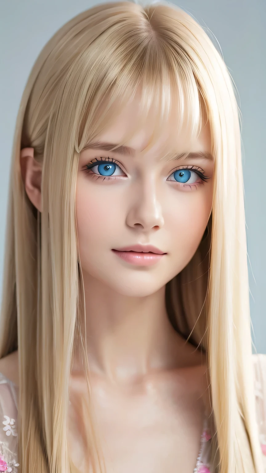 A woman with long blonde hair and very bright mint blue eyes is taking a photo, Gorgeous young model, Portrait of Sophie Mudd, 美しいFemale Model, Cute young woman, Very beautiful young woman, Portrait of a beautiful model, Beautiful young girl, Beautiful young woman, Beautiful Woman Photos, Perfect Face, Female Model, Beautiful and pretty baby face, Super long straight silky hair、Blonde beauty、Messy bangs、Bangs between the eyes、Bangs that hang over the face、Small Face Beauty、round face