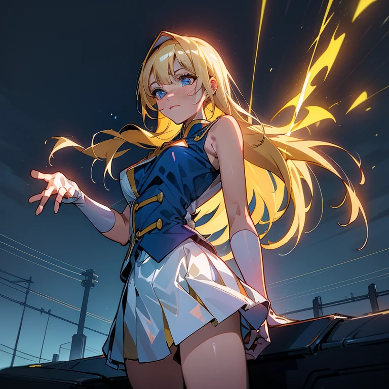 A masterpiece of the highest quality and highest resolution (1.2),With a neon-lit cityscape in the background, Fireworks explode overhead, (Long blonde hair, Summon the Force), A bright light shines from behind, Illuminating the white punk rock outfit, (Glittering costumes decorated with vinyl records), Music-themed power is scattered throughout, (The dynamic pose gives off an electric aura.), Instill fear in the hearts of bystanders, (Her unique soundwaves are emitting.), Reach out your neon blue shining hand, (Jim Lee-inspired rendering style, Super detailed),