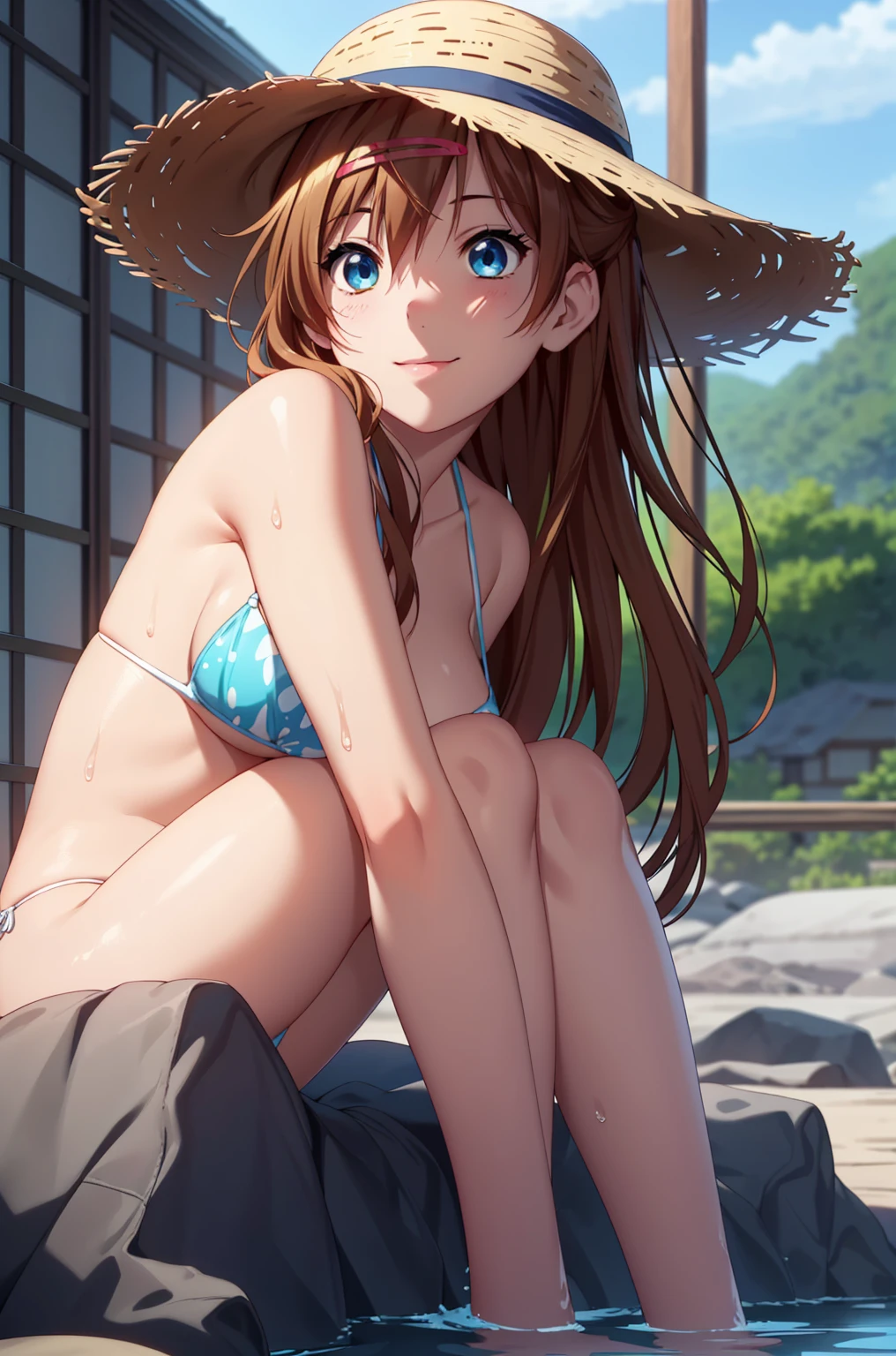 ((masterpiece, Best Quality, High resolution, UHD, Pixel perfect, Depth of written boundary, 4K, RTX, HDR)), 1 Girl, single, Alone, 2, Anime Girls, Beautiful art style, Anime Characters, ((Parted bangs, Brown Hair)), (blue eyes、Round eyes, Delicate eyelashes、Beautiful eyelashes, Perfect Eyes), (Detailed face:1.2), (Smooth texture:0.75, Realistic texture:0.65, Realistic:1.2, Cinematic, Anime CG Style), Perfect body、Moderate breasts:1.7、White micro bikini:1.8、Viewed from the side:1.9、Wet、Water Drop、Splash、nsfw、smile:1.8、Bra shoulder straps:1.8、In the sea:1.8、Sit with your knees bent:1.8、View from below:1.8、wind:1.8、Tropical、Triangle sitting:1.8、Big straw hat:1.8