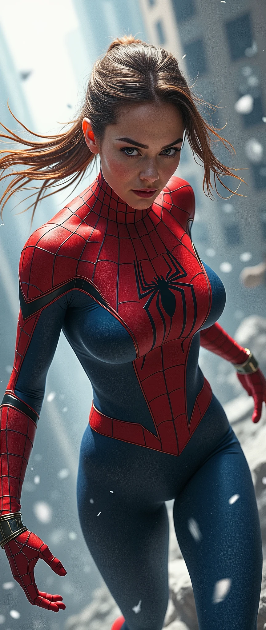 (masterpiece:1.2,Superior Quality,Mirror-like,Cinematic Experience,Realistic:2.0,RAW Photos:2.0),8k,wallpaper,(Written boundary depth:1.6),(One Woman),(Spider Girl is flying towards me.:2.0),(Spiderman&#39;s uniform is made of very thin fabric:2.0),(ponytail),(Beautiful Eyes:2.0),(Highly detailed face:2.0),(Beautiful Face:2.0),(Beautiful Eyes:2:0),(Detailed female hand drawing:2.0),(Super muscular:2.0),(Super sexy:2.0),(Super huge breasts:2.0),(Super thick thighs:2.0),(Beautiful body:2.0),(Super functional:2.0),(Super sensual:2.0),(dynamic:2.0),(Detailed hands:2.0),(The background is a countless number of scattered glass shards.:2.0),(Dynamic Spider-Man pose:2.0),(Dynamic Angle:2.0),(Spinning spider webs from his hands:2.0)