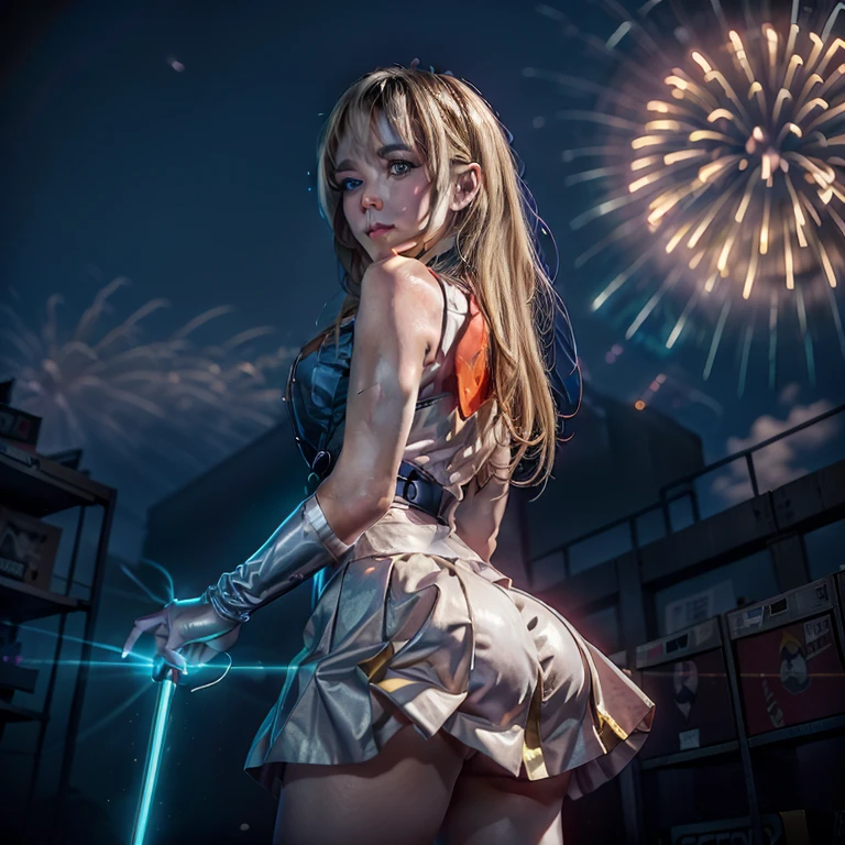 A masterpiece of the highest quality and highest resolution (1.2),With a neon-lit cityscape in the background, Fireworks explode overhead, (Long blonde hair, Summon the Force), A bright light shines from behind, Illuminating the white punk rock outfit, (Glittering costumes decorated with vinyl records), Music-themed power is scattered throughout, (The dynamic pose gives off an electric aura.), Instill fear in the hearts of bystanders, (Her unique soundwaves are emitting.), Reach out your neon blue shining hand, (Jim Lee-inspired rendering style, Super detailed),