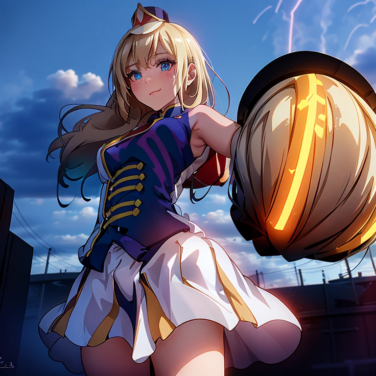 A masterpiece of the highest quality and highest resolution (1.2),With a neon-lit cityscape in the background, Fireworks explode overhead, (Long blonde hair, Summon the Force), A bright light shines from behind, Illuminating the white punk rock outfit, (Glittering costumes decorated with vinyl records), Music-themed power is scattered throughout, (The dynamic pose gives off an electric aura.), Instill fear in the hearts of bystanders, (Her unique soundwaves are emitting.), Reach out your neon blue shining hand, (Jim Lee-inspired rendering style, Super detailed),