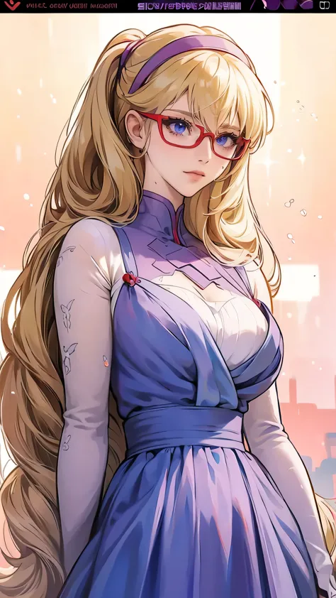 anime,illustration,purple robot,mobile suit,dom,light blue check dress,red glasses,blonde,light blue mesh,beautiful girl,sakuran...