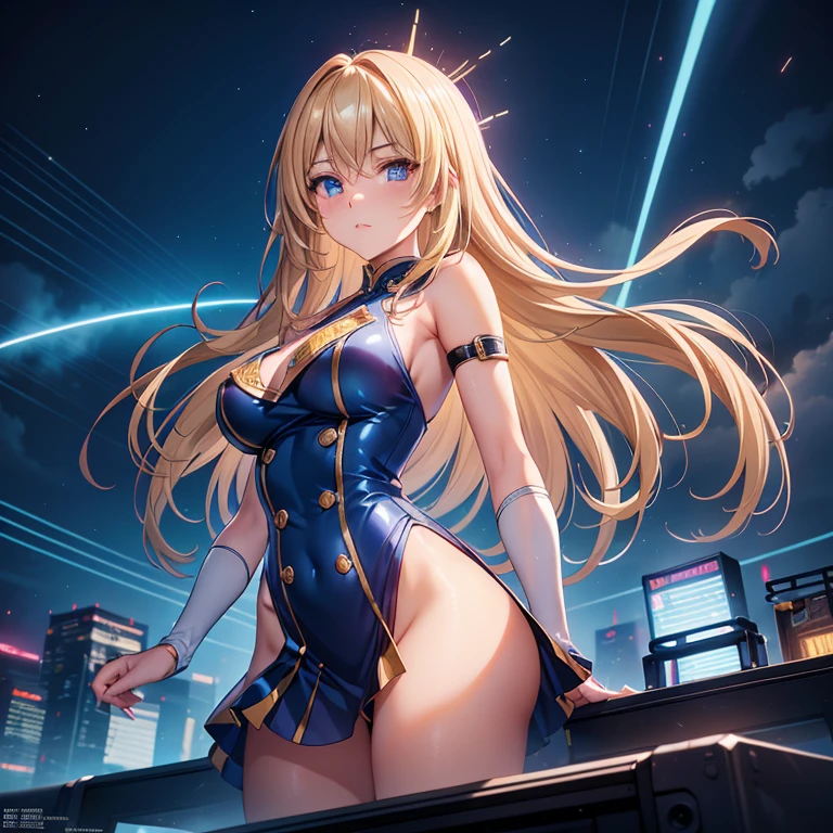 A masterpiece of the highest quality and highest resolution (1.2),With a neon-lit cityscape in the background, Fireworks explode overhead, (Long blonde hair, Summon the Force), A bright light shines from behind, Illuminating the white punk rock outfit, (Glittering costumes decorated with vinyl records), Music-themed power is scattered throughout, (The dynamic pose gives off an electric aura.), Instill fear in the hearts of bystanders, (Her unique soundwaves are emitting.), Reach out your neon blue shining hand, (Jim Lee-inspired rendering style, Super detailed),