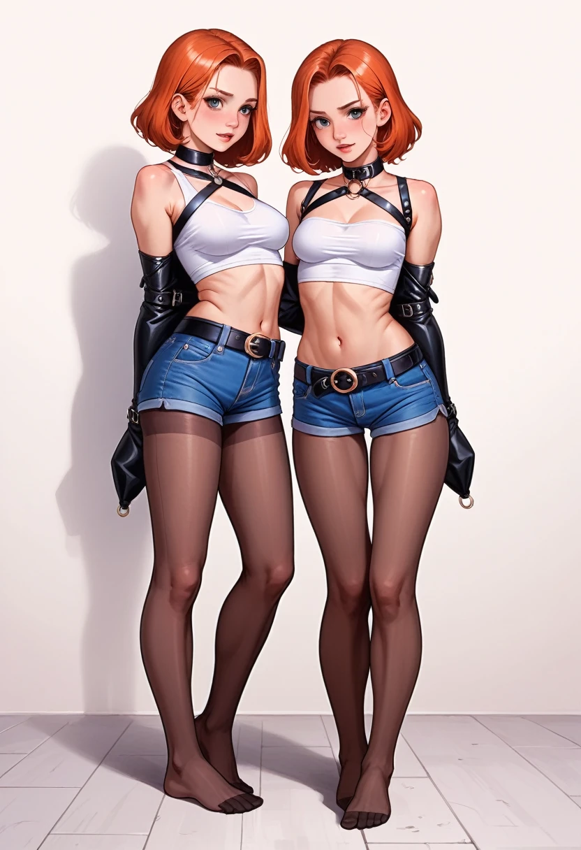 ((Full body photo, standing, feet on the ground))  ,twins, Masterpiece,Best quality,offcial art,Extremely detailed Cg Unity 8K wallpaper, 2girls, cute female , Yuri, hair adornments, Short shorts, Crop top, Pantyhose, ribbon_choker necklace, leg belt, leather belt bondage harness, wrappend in belt together